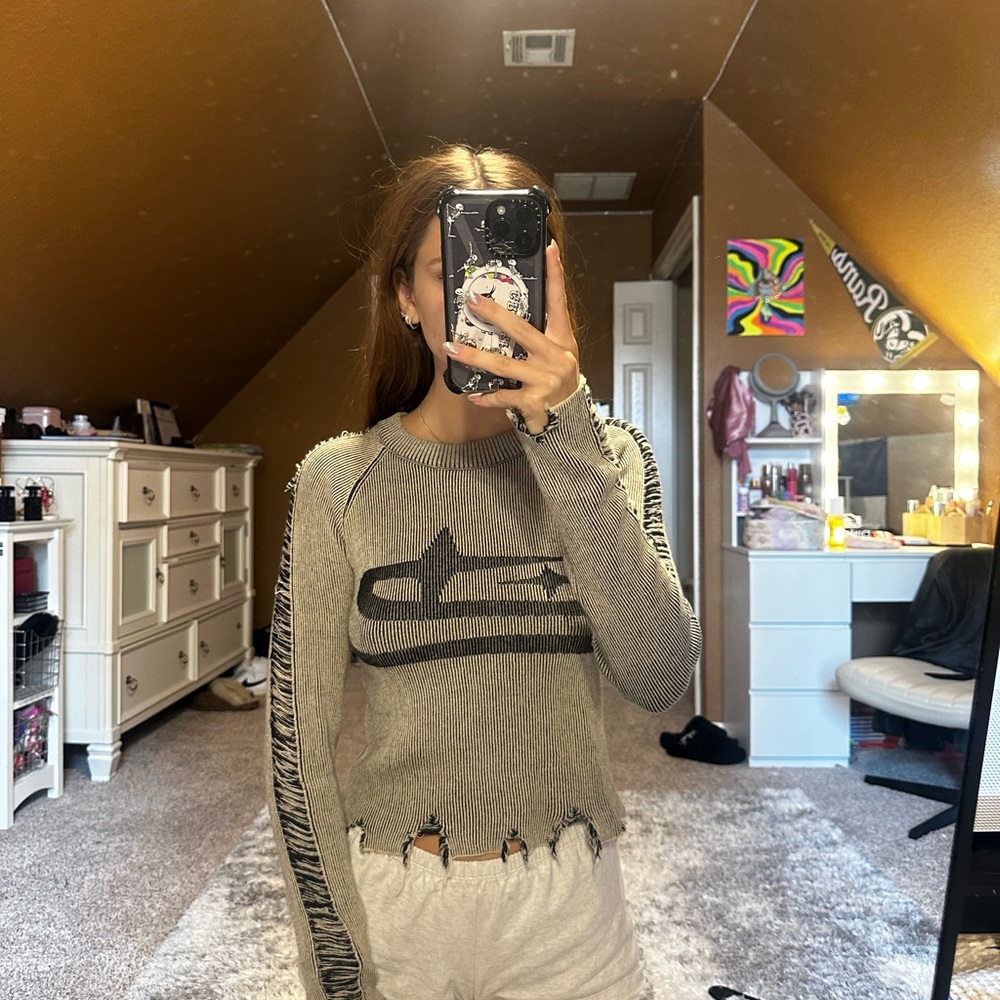 Gray Distressed Sweater with Black Accents